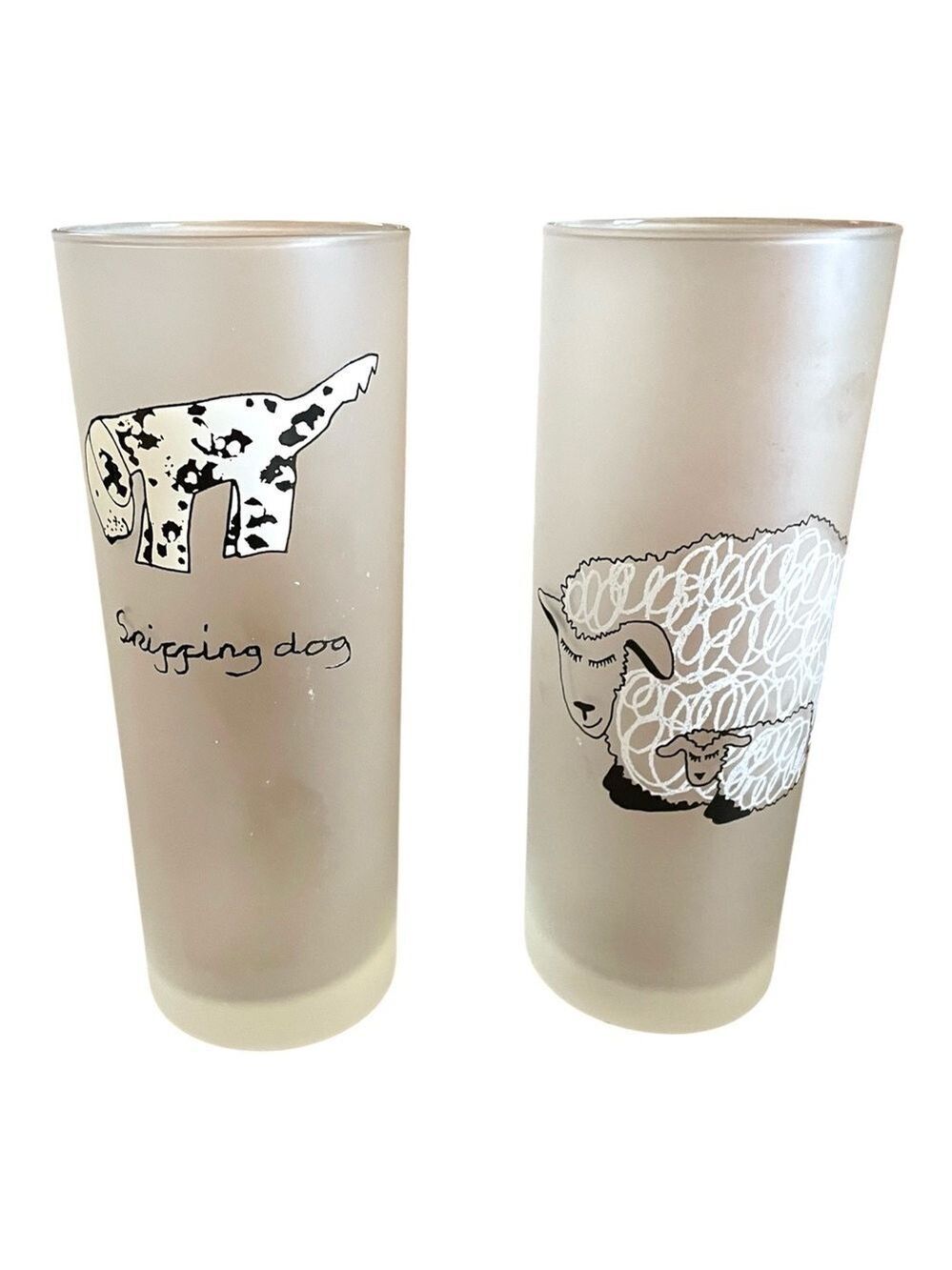 Set Two Vintage Dartington Frosted Crystal Highball Glasses Sniffing Dog Sheep